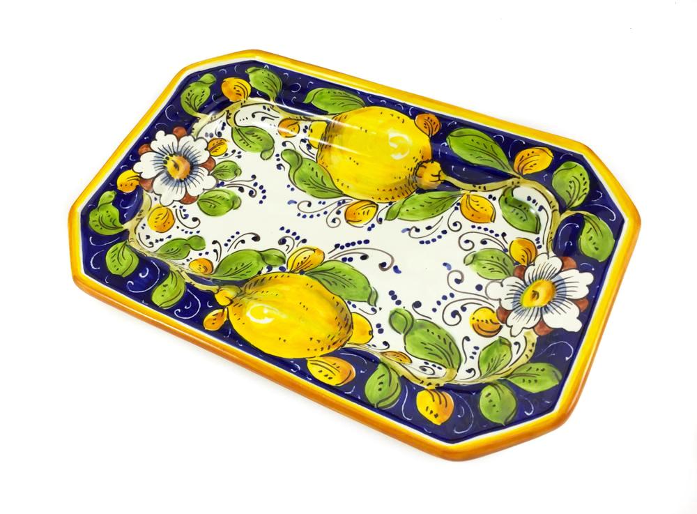 Borgioli - Lemons on Blue Octagonal Platter 20cm x30cm (7.9"x11.8")