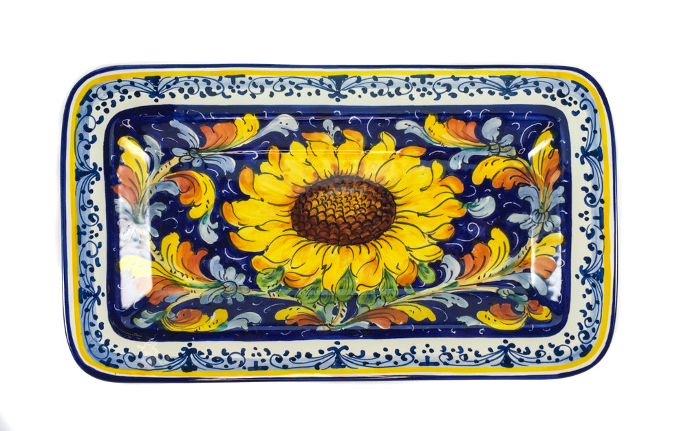 Borgioli - Sunflower on Blue Rectangular Platter 34cm x 20cm (13.4" x 7.9")