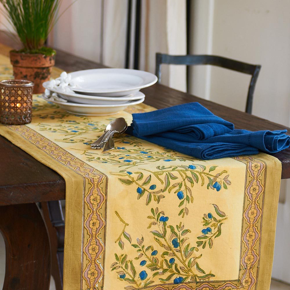 Olive Tree Khaki/Blue Table Runner
