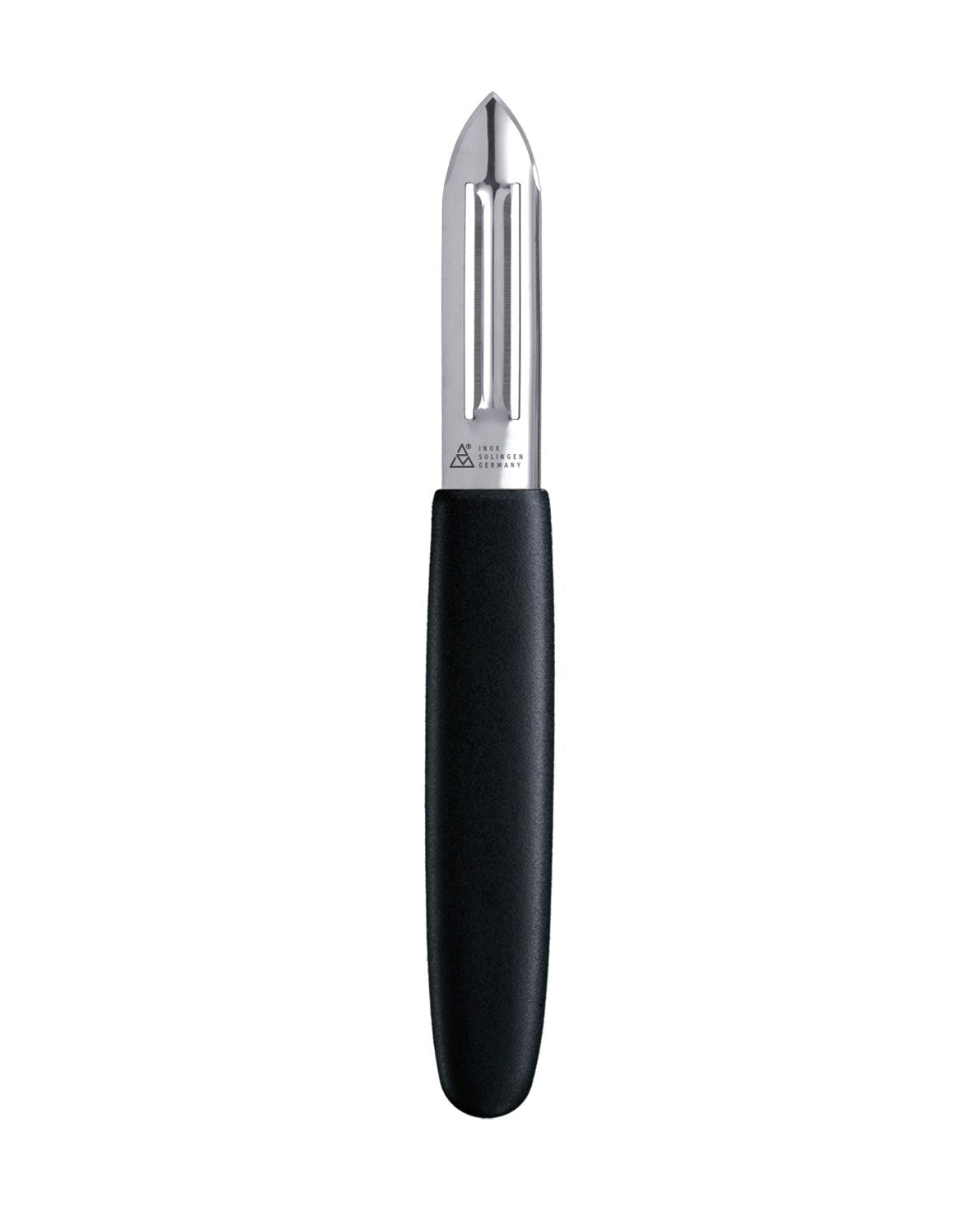 Peeler with black handle and steel blade on a white background