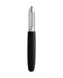 Peeler with black handle and steel blade on a white background