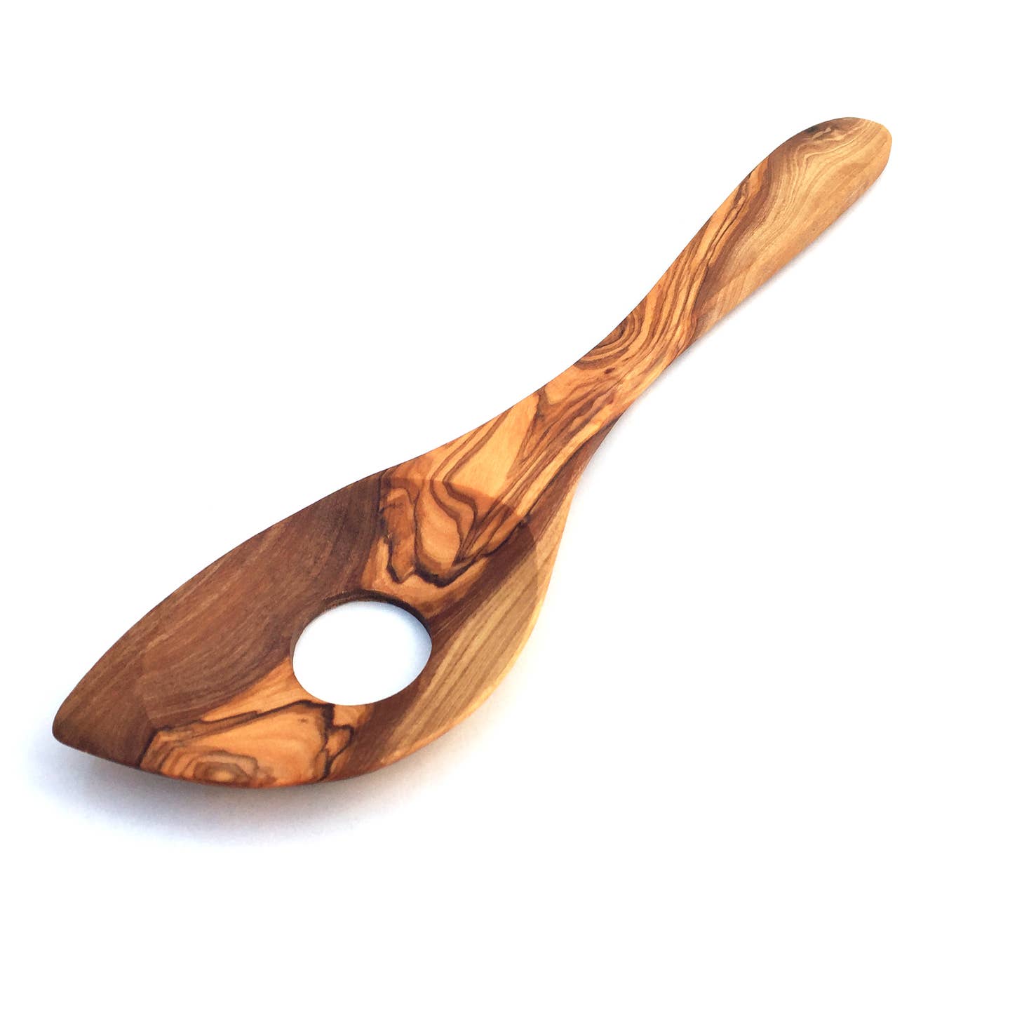 Cooking spoon extra-pointed  with hole - wide olive wood handle (30cm, 35cm)