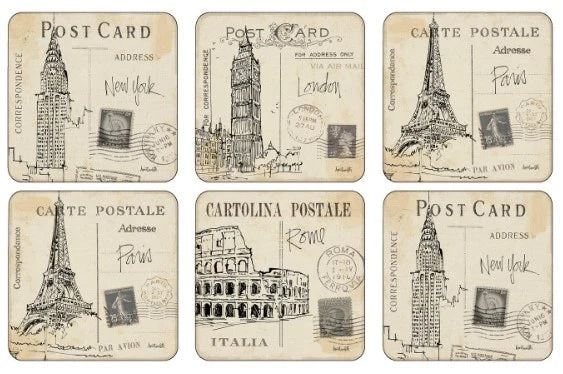 Pimpernel - Postcard Sketches Cork-Backed Coaster (Set of 6)