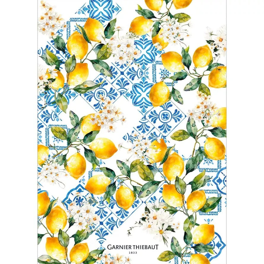 Garnier Thiebaut "Citrons Azulejos Bleu" Kitchen Towel (50% Linen/Cotton)