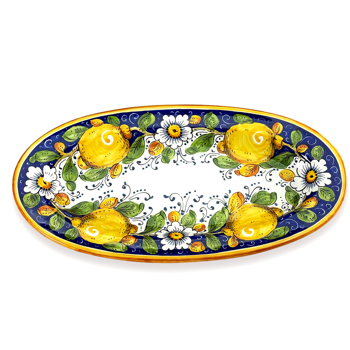 Borgioli - Lemons on Blue Oval Platter 22cm x 42cm (8.6" x 16.5")