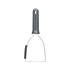 Metal potato masher with a gray handle on a white background