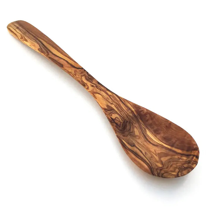Hamburg cooking spoon with wide curved handle made of olive wood