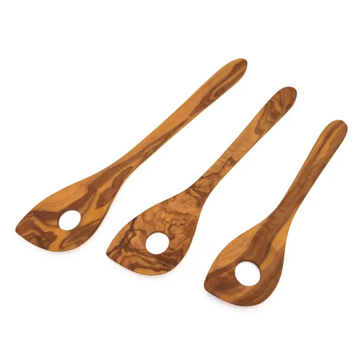 Cooking spoon pointed hole wide olive wood handle 30cm