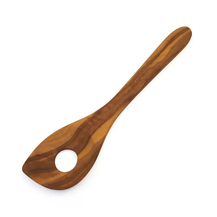 Cooking spoon pointed hole wide olive wood handle 30cm