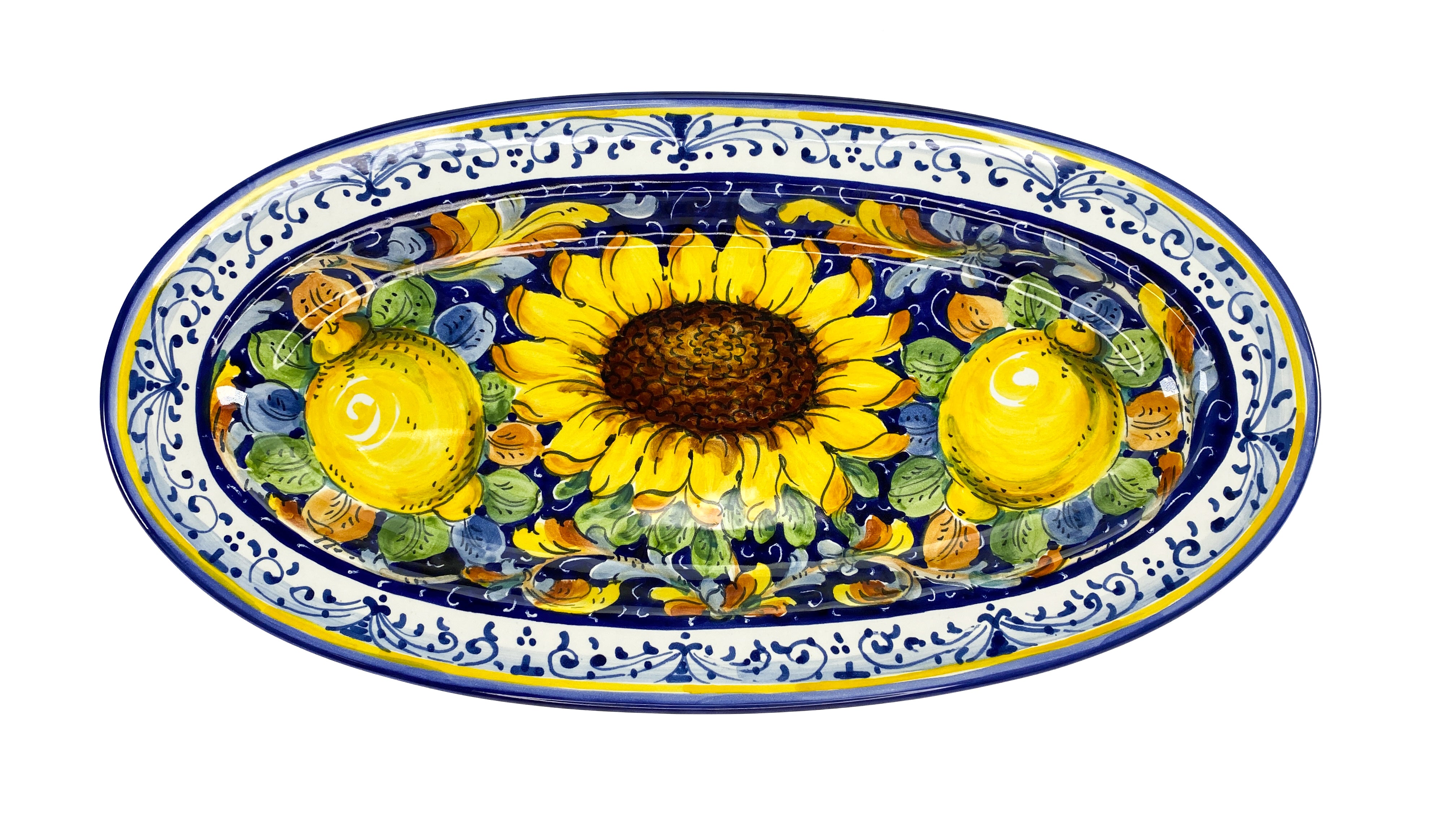 Borgioli - Sunflower on Blue Oval Platter 22cm x 42cm (8.6" x 16)
