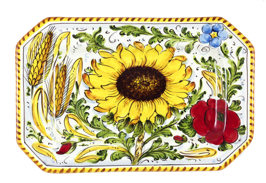 Borgioli - Sunflower on White Octagonal Platter 29cm x 20cm (11.4" x 7.9")