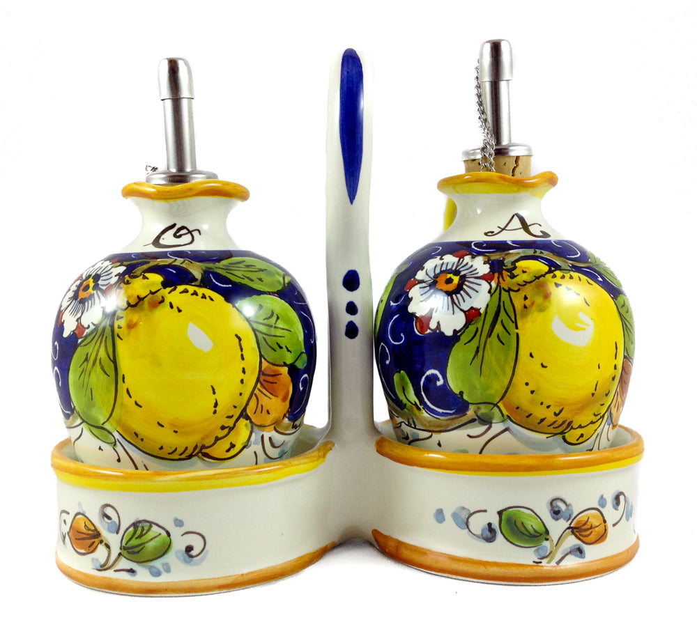 Borgioli - Lemons on Blue Oil & Vinegar Cruet Set