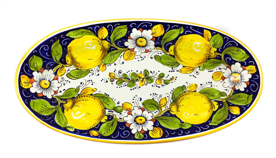 Borgioli - Lemons on Blue Oval Platter 22cm x 42cm (8.6" x 16.5")