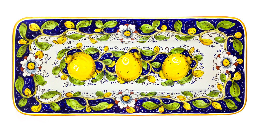 Borgioli - Lemons on Blue Rectangular Platter 25cm x 55cm (9.8" x 21.6")