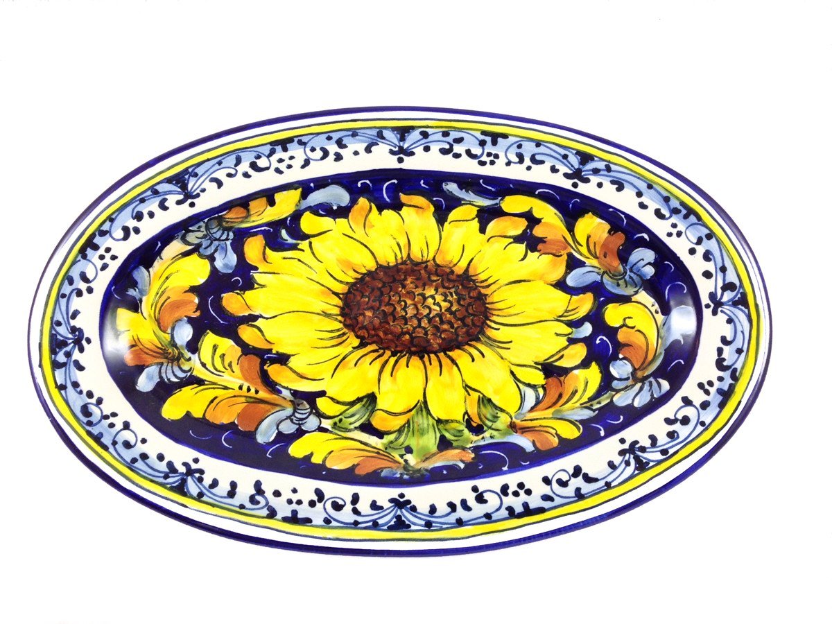 Borgioli - Sunflower on Blue Oval Platter 17cm x 28cm (6.7"x11")