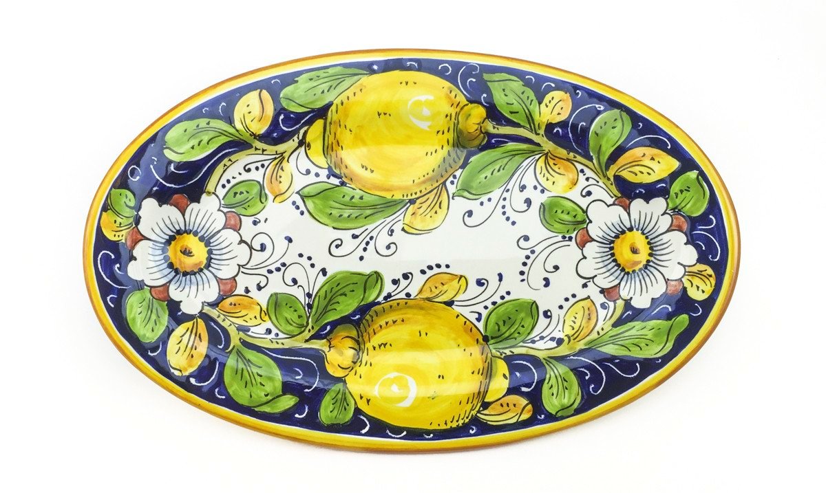 Borgioli - Lemons on Blue Oval Platter 17cm x 28cm (6.7" x 11")