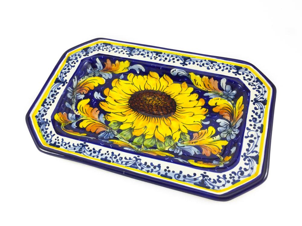 Borgioli - Sunflower on Blue Octagonal Platter 29cm x 20cm (11.4" x 7.9")