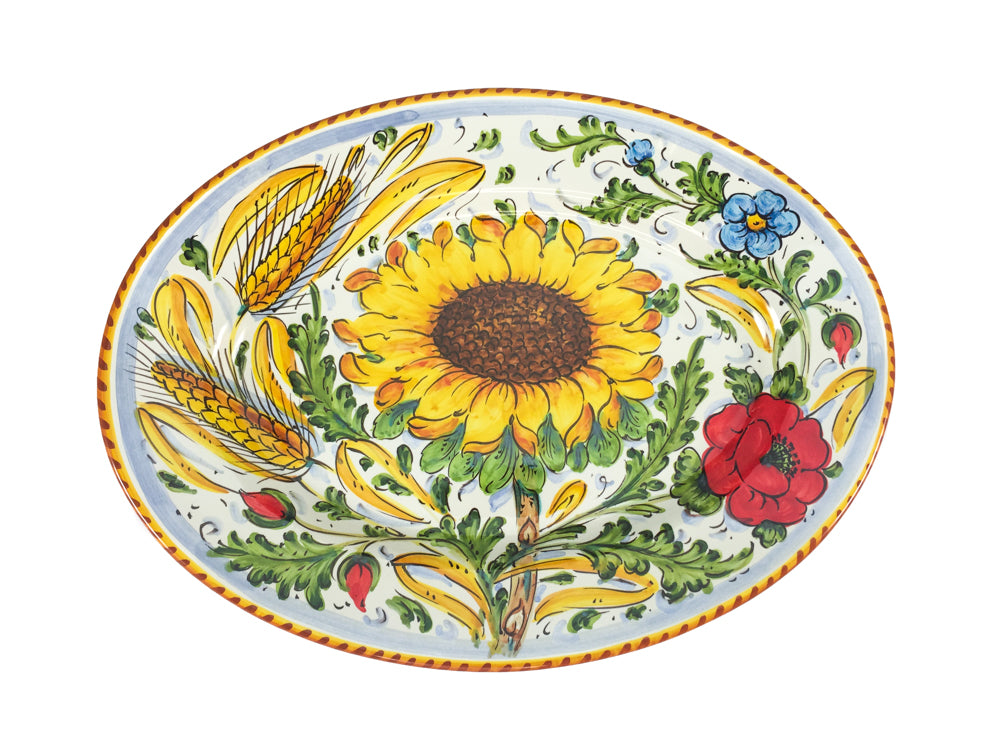 Borgioli - Sunflower on White Oval Platter 27cm x 37cm (10.6" x 14.5")