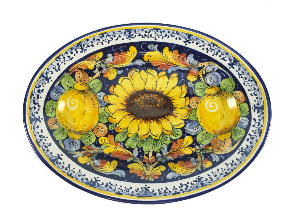 Borgioli - Sunflower on Blue Oval Platter 27cm x 37cm (10.6" x 14.5")