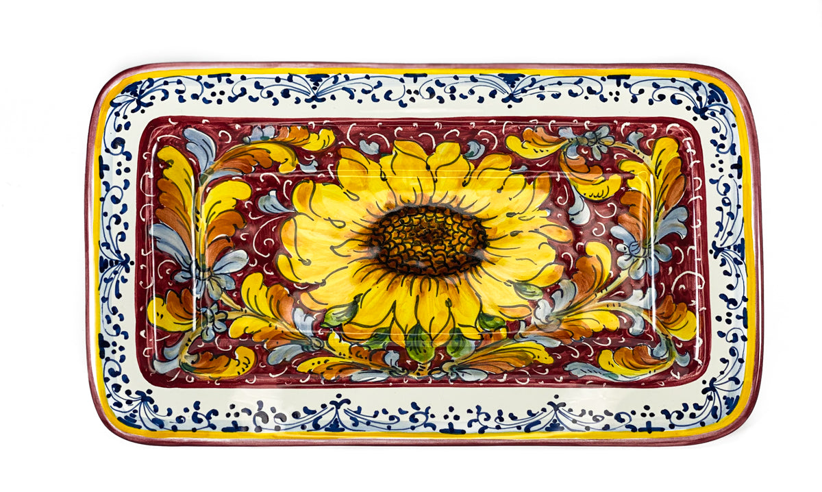 Borgioli - Sunflower on Red Rectangular Platter 20cm x 34cm(7.9" x 13.4")