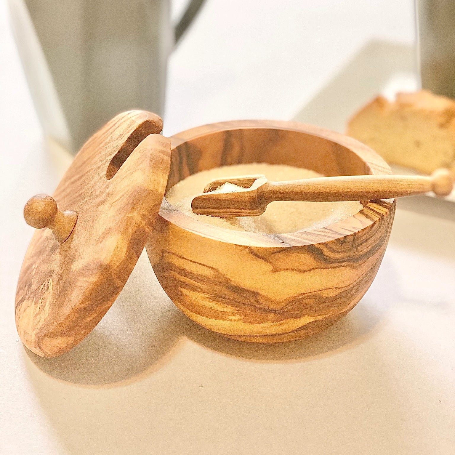 Olive Wood Salt/Sugar Bowl with Scoop